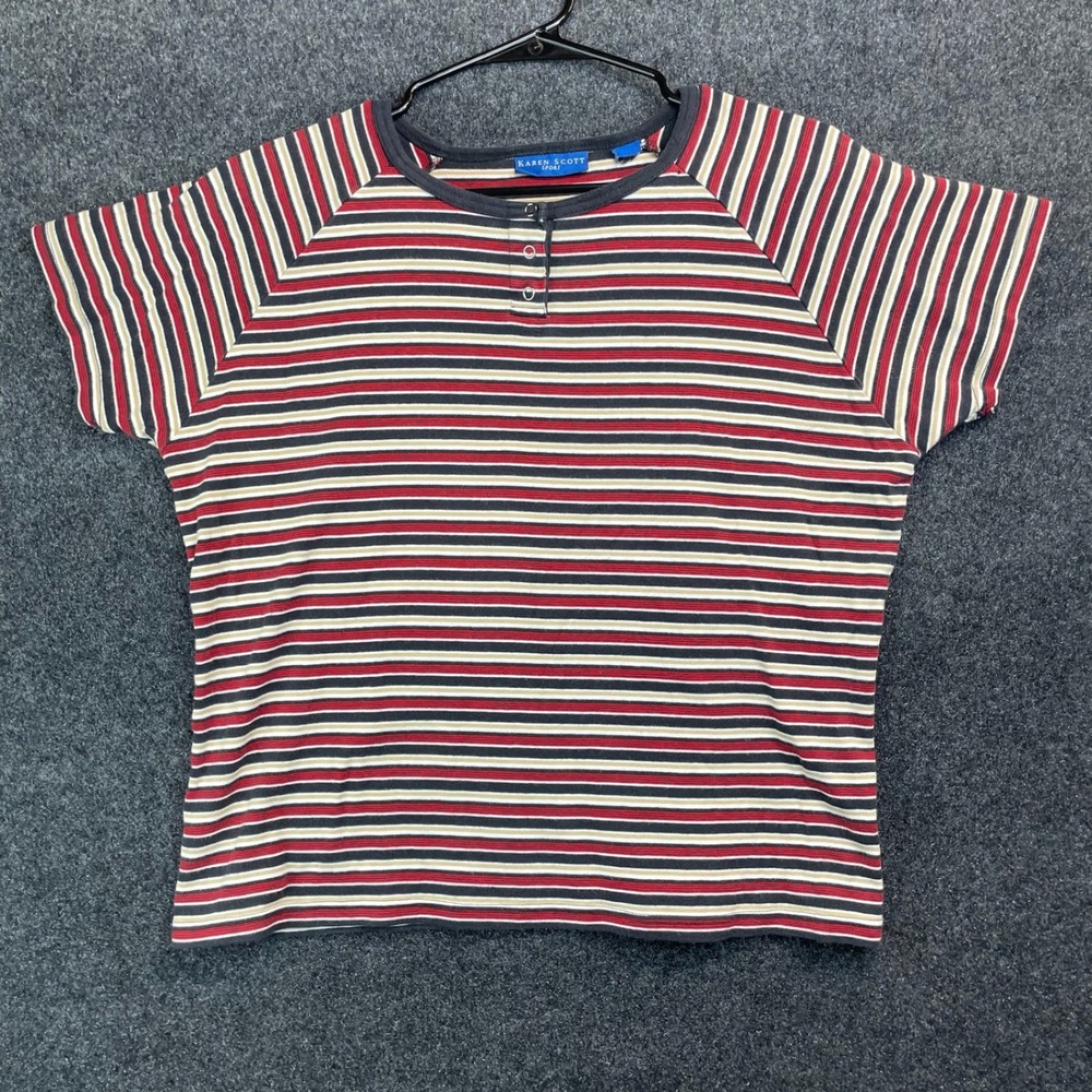 Karen Scott Sport Striped Henley Top Short Sleeve Red Navy Blue Tan XL